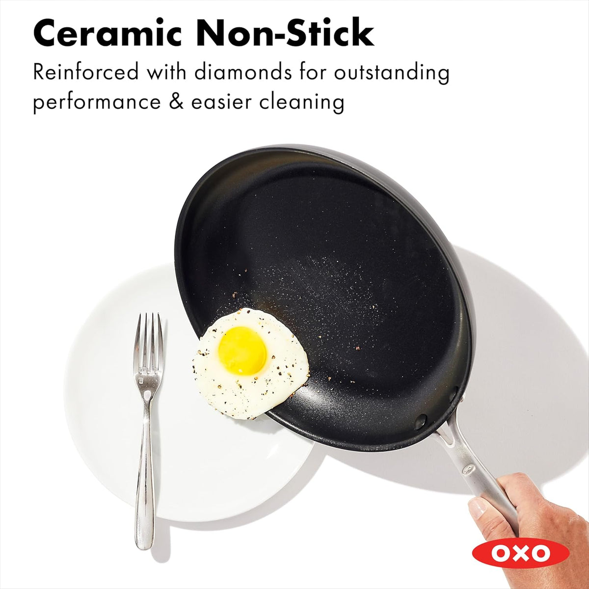 OXO Enhanced 10" Frying Pan Skillet, PFAS-Free Ceramic Nonstick, Durable Hard Anodized Cookware, Scratch Resistant, Stainless Steel Handle, Good Grips, Dishwasher Safe, Oven safe, Black