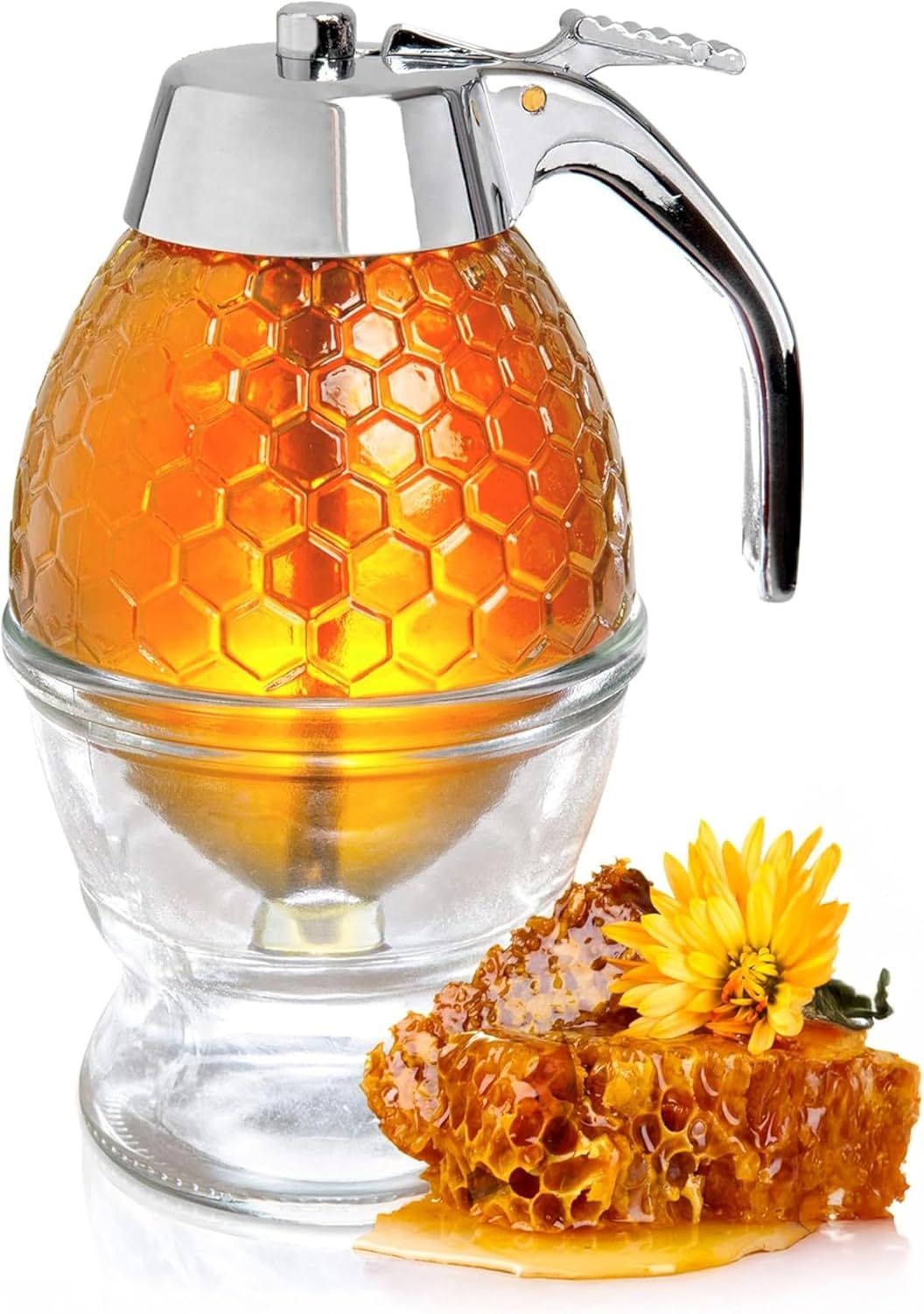Hunnibi 8 oz Honey Syrup Dispenser No Drip - Coffee Syrup Dispenser with Stainless Steel Lid and Stand - No Mess Glass Honey Jar for Tea, Pancakes, Baking and Other Liquid Condiments - Easy to Refill