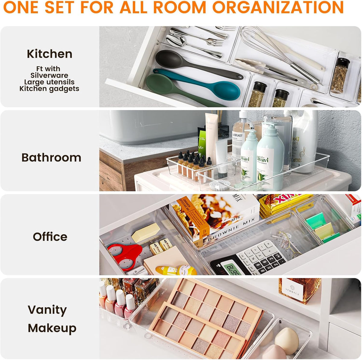 Criusia 16 Pack Large Clear Plastic Drawer Organizer Bins - 5 Size Acrylic Bathroom and Vanity Organizers and Storage Trays for Makeup Office Home, Kitchen Drawer Organizer for Utensils, Gadgets