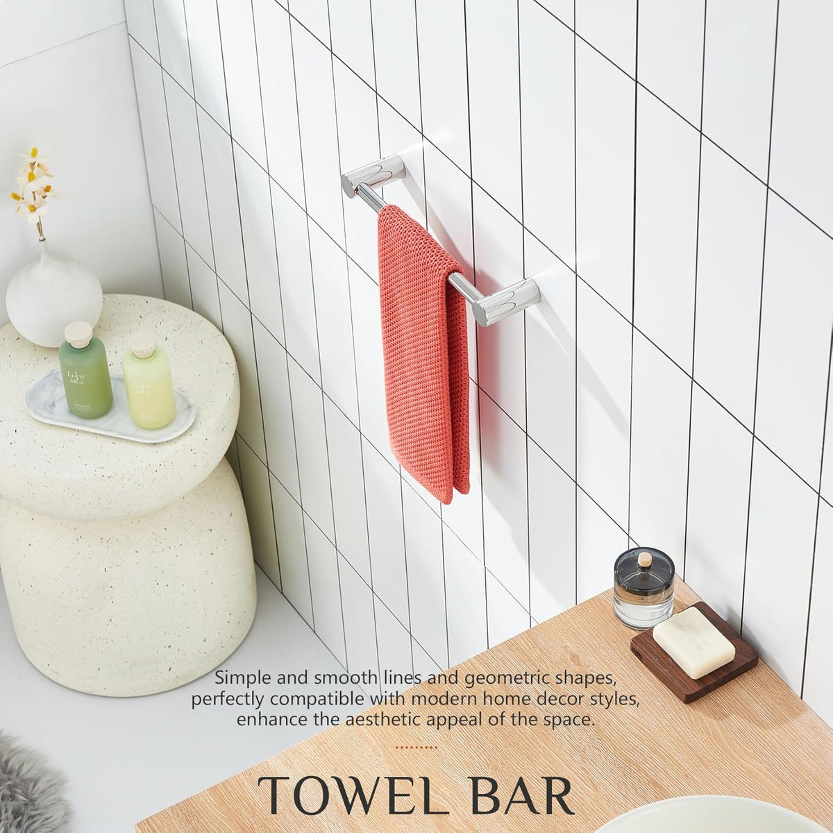 KOKOSIRI Towel Bar Chrome 16-Inch Single Rail Bath Towel Holder for Bathroom Wall Polished Stainless Steel Bathroom Hardware Wall Mounted, B4007CH-L16