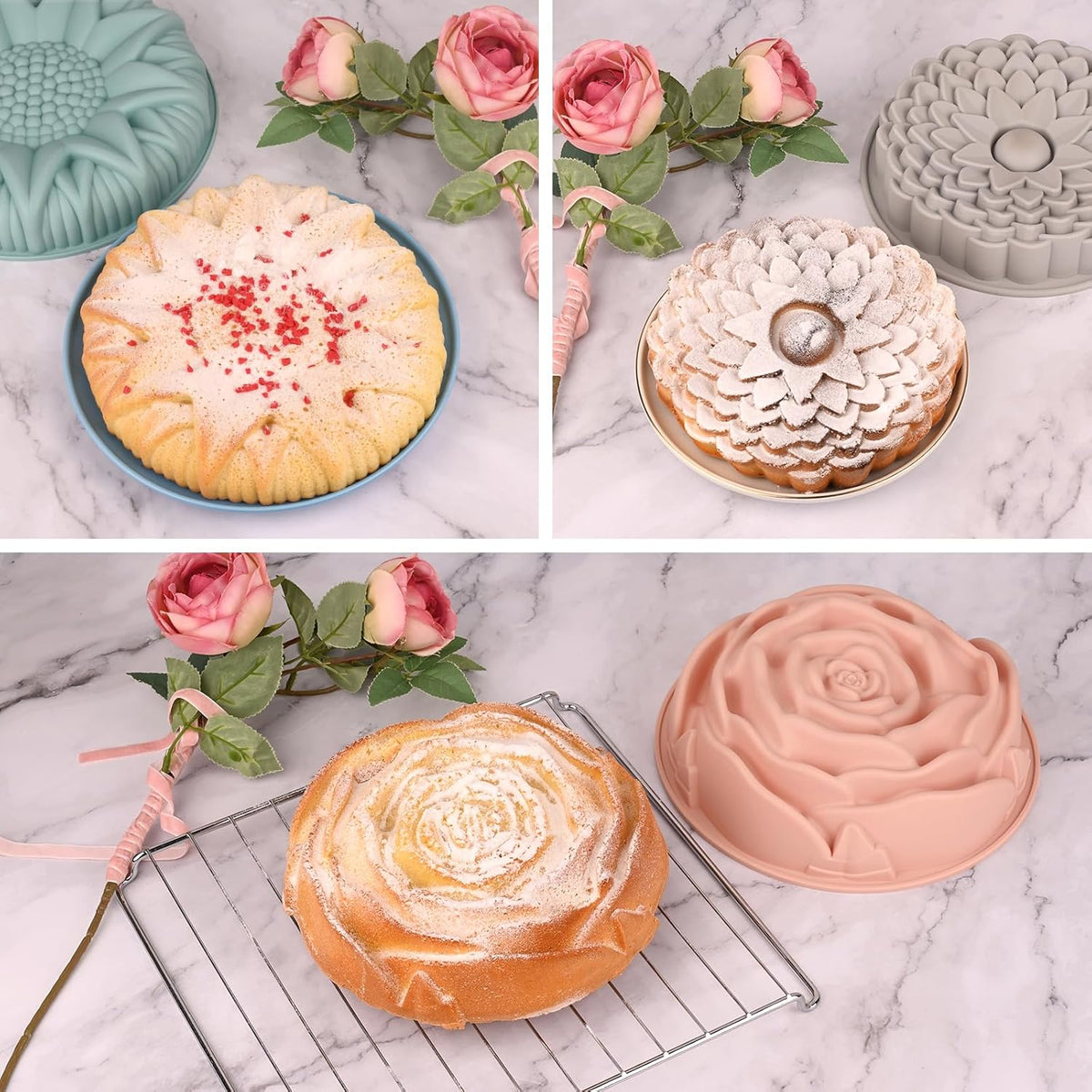 Sakolla 3 Pack Flower Shape Silicone Cake Molds, Large Round Silicone Molds for Baking Cake, Breads, Pies, Tarts, Jello (Rose, Chrysanthemum, Sunflower)