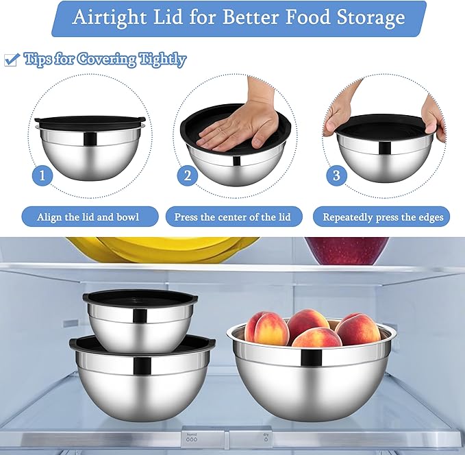 LIANYU Mixing Bowls with Lids Set of 3, Large & Small Stainless Steel Nesting Metal Bowls for Kitchen Storage, Dishwasher Safe, Size 1.5QT & 3QT & 4.6QT, Black