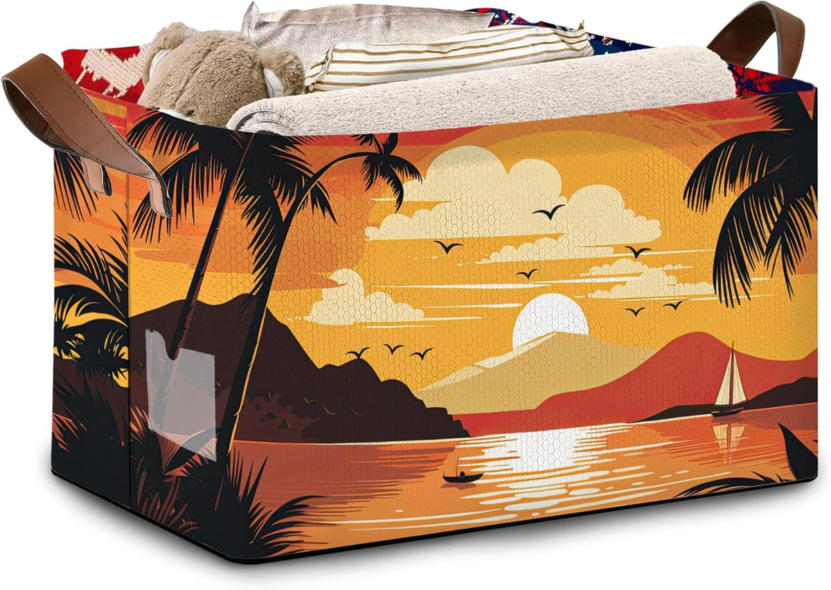 Foldable Collapsible Storage Bin with Summer Sunset Design-17x11.5x10.5 Inch Organizer Basket for Beach Decor, Home Storage-Single Pack, No Lid Space-Saving Box