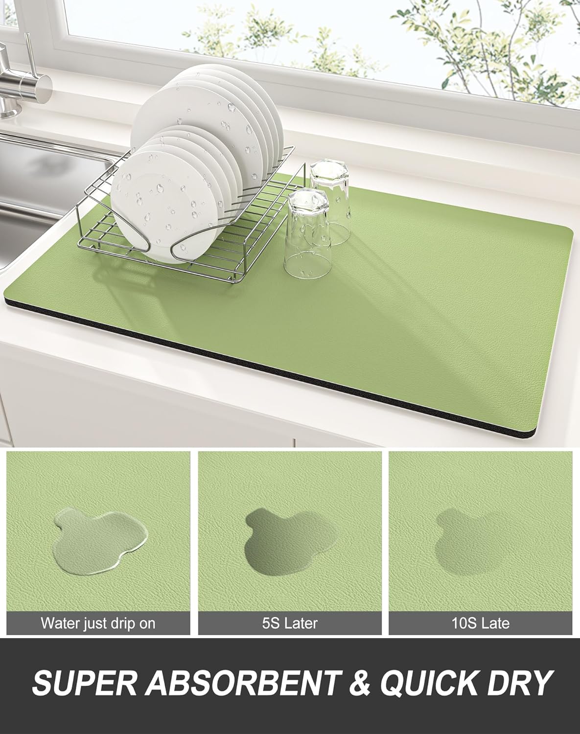 Rnivvi Dish Drying Mat for Kitchen Counter, XL 15 x 24" Super Absorbent Drainer Pad Easy Clean Dish Rack Pad, Non-Slip Heat Resistant Coffee Bar Mat for Coffee Machine Station Accessories Decor, Green