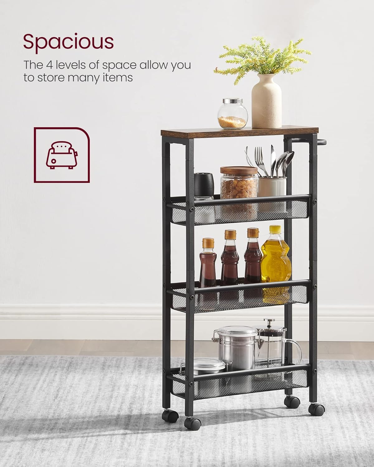 VASAGLE Slim Rolling Cart, 4-Tier Narrow Storage Cart with Handle, 5.1 Inches Deep, Metal Frame, for Kitchen, Dining Room, Living Room, Home Office, Rustic Brown and Classic Black ULRC032B01V1