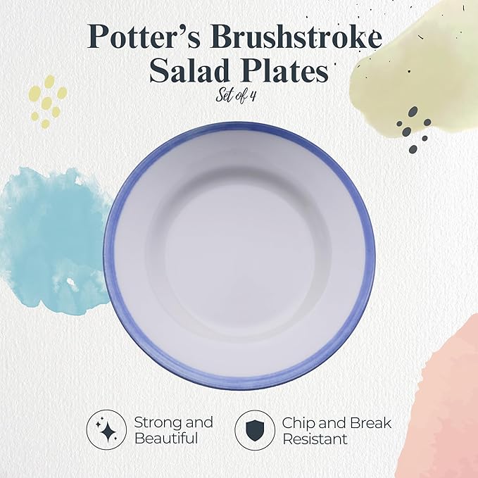 Portmeirion Potter's Brushstroke Dinner Plate (Set of 4) - 8" Earthenware Plates with Classic Brushstroke Rim - Microwave, Dishwasher, Freezer, Oven Safe - Ideal Modern Dinnerware Set (Blue)