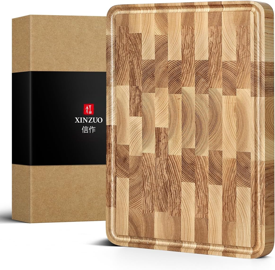 XINZUO Ash Wood Cutting Board for Kitchen, (13.8''L x 9.8''W x 1''T)-End Grain Wood Cutting Board for Meat-Chopping Boards with Slip Feet, Side Handles,Juice Groove