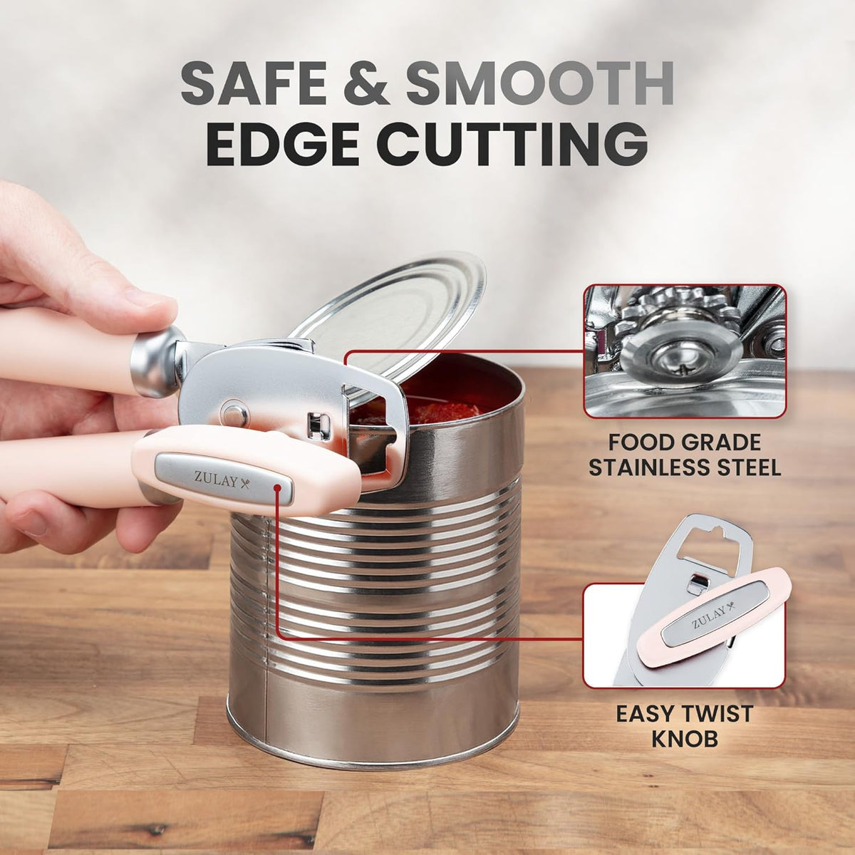 Zulay Kitchen Heavy Duty Stainless Steel Can Opener Manual with Bottle Opener - Rust Proof Manual Can Opener With Turn Knob & Comfy Soft Grip Handles - Peach