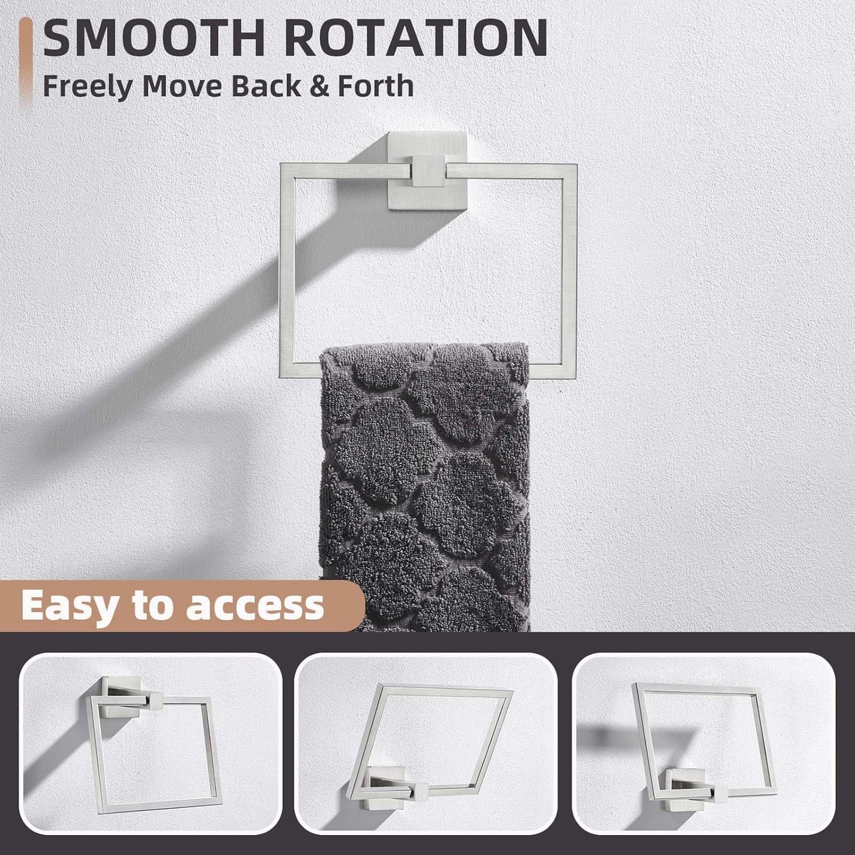 Hand Towel Ring Swivel Brushed Nickel, Angle Simple SUS 304 Stainless Steel Square Towel Holder for Bathroom Wall, 7.09 Inches