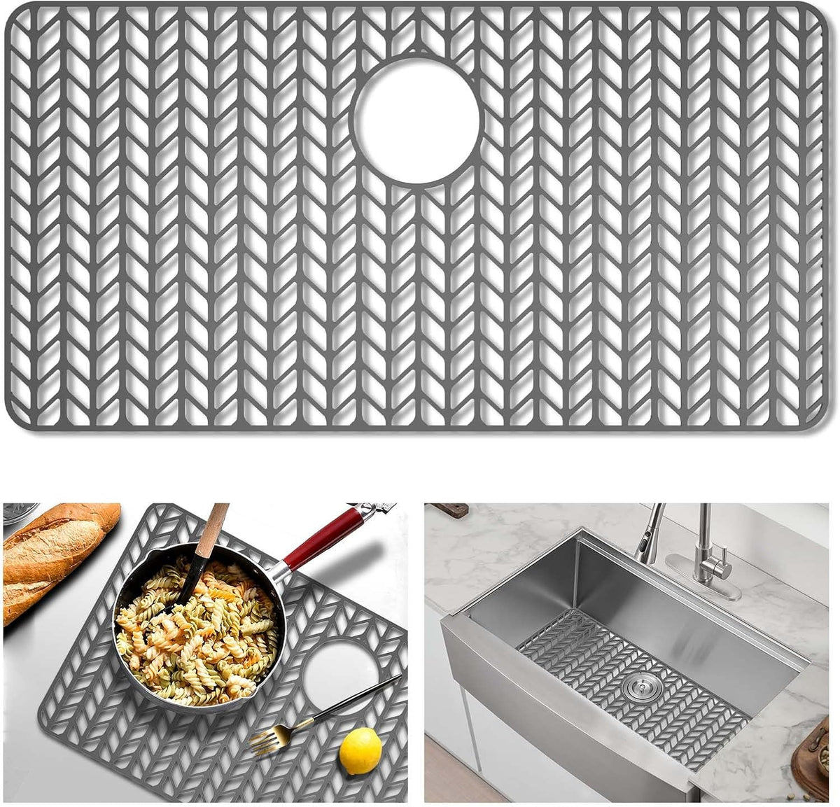 GUUKIN Sink Protectors for Kitchen Mat -30"x 16" Silicone Kitchen Sink Mat Grid for Bottom of Farmhouse Stainless Steel Porcelain with Rear Drain（Grey