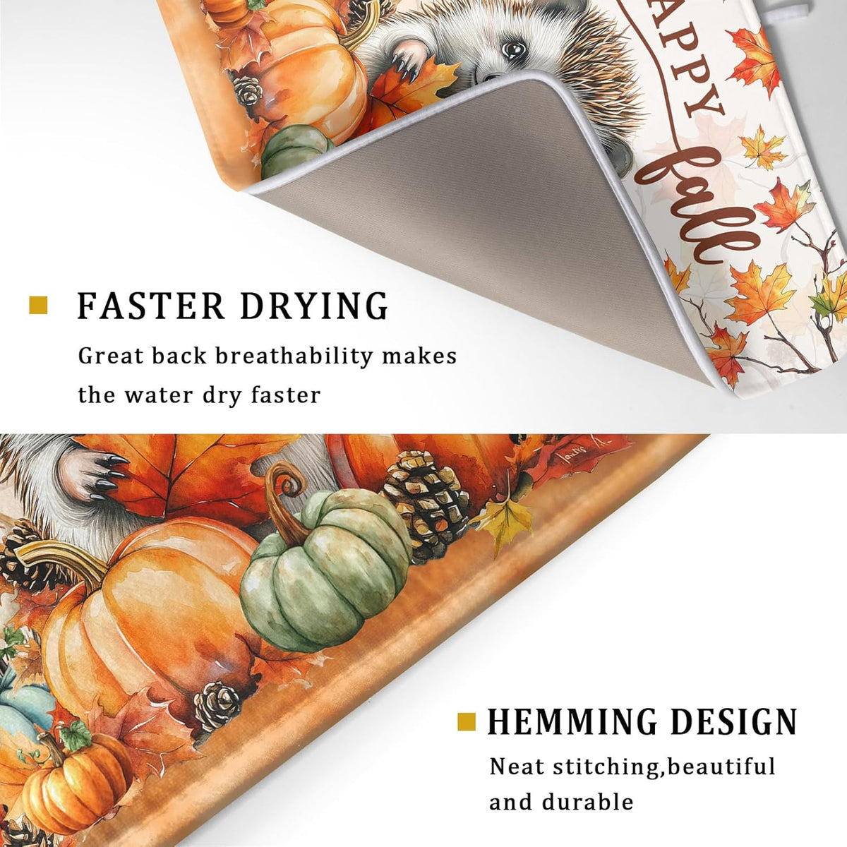 Happy Fall Dish Drying Mat - Large Absorbent Microfiber Drying Pad for Kitchen Counter 18 X 24 in Yellow