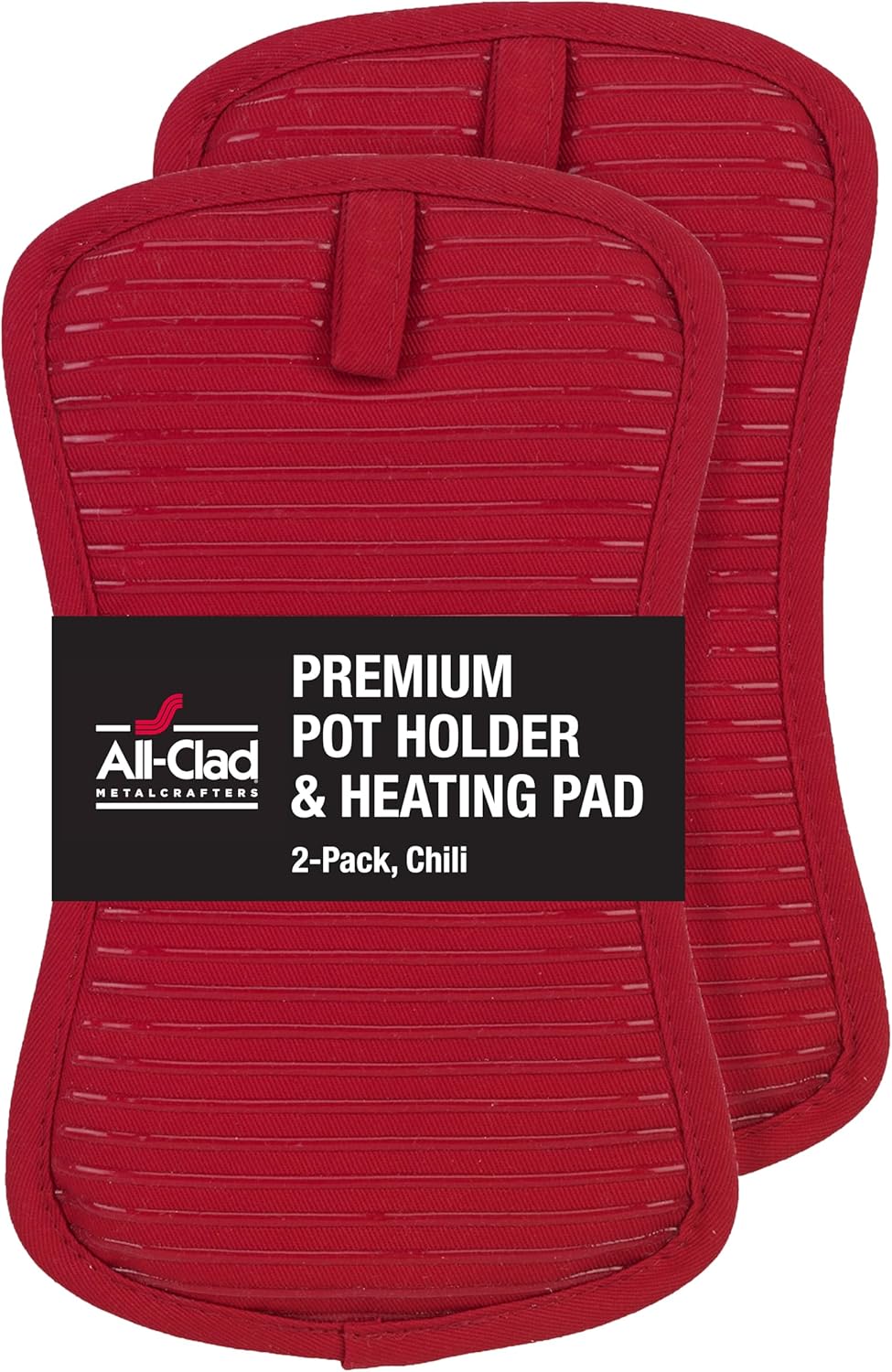 All-Clad Premium Pot Holder & Heating Pad, (2-Pack) Heat Resistant to 500 Degrees, 100% Cotton 10"x6.25" for Kitchen and Barbeque, Chili Red
