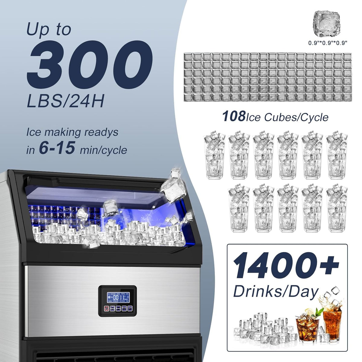300LBS/24H Commercial Ice Maker Machine with 75LBS Storage Bin, Stainless Steel Undercounter/Freestanding Ice Maker Machine for Home Bar Outdoor, 108PCS Ice Cubes Ice Machine