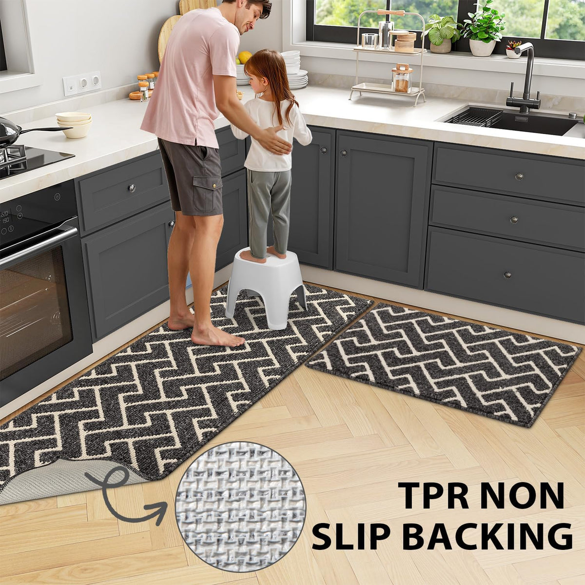 hicorfe Kitchen Rugs and Mats Sets,Non-Slip 2 Pieces Absorbent 100% Polypropylene Rug,Comfort Kitchen Runner Mat,Washable for Kitchen,Sink,Laundry(20" x 31.5" Plus 20" x 59",Black)