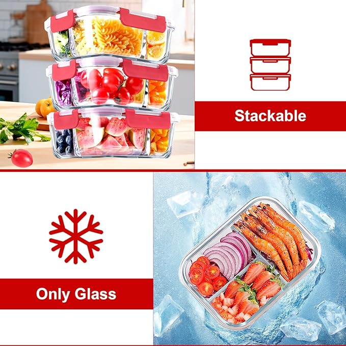 VERONES 5 Pack Glass Meal Prep Containers 3 Compartment Set, 36OZ Airtight Glass Lunch Containers, Glass Food Storage Containers with Lids, for Microwave, Oven, Freezer & Dishwasher Friendly,Red