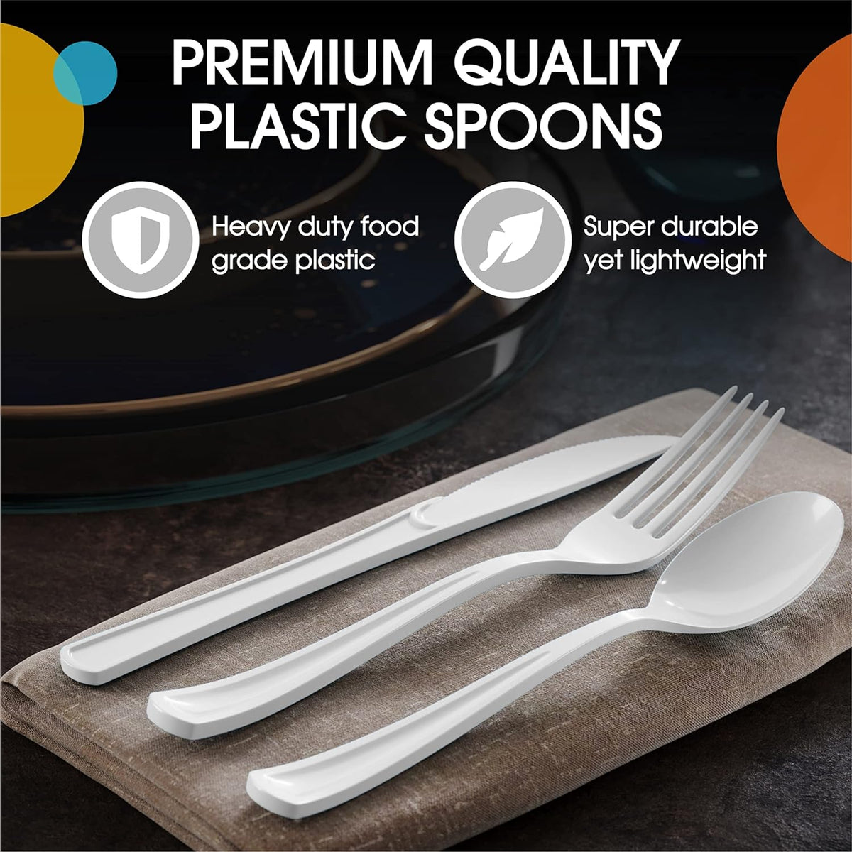 Party Solids 200 Pcs Heavy Duty Plastic Cutlery - White Disposable Flatware, Plastic Spoons