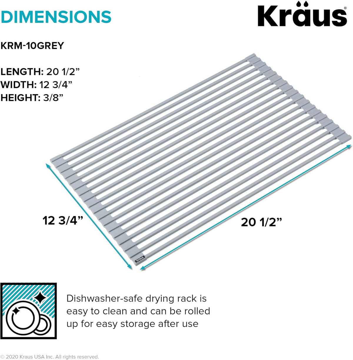 Kraus Multipurpose Over-Sink Roll-Up Dish Drying Rack, Colander and Trivet in Light Grey, KRM-10GREY