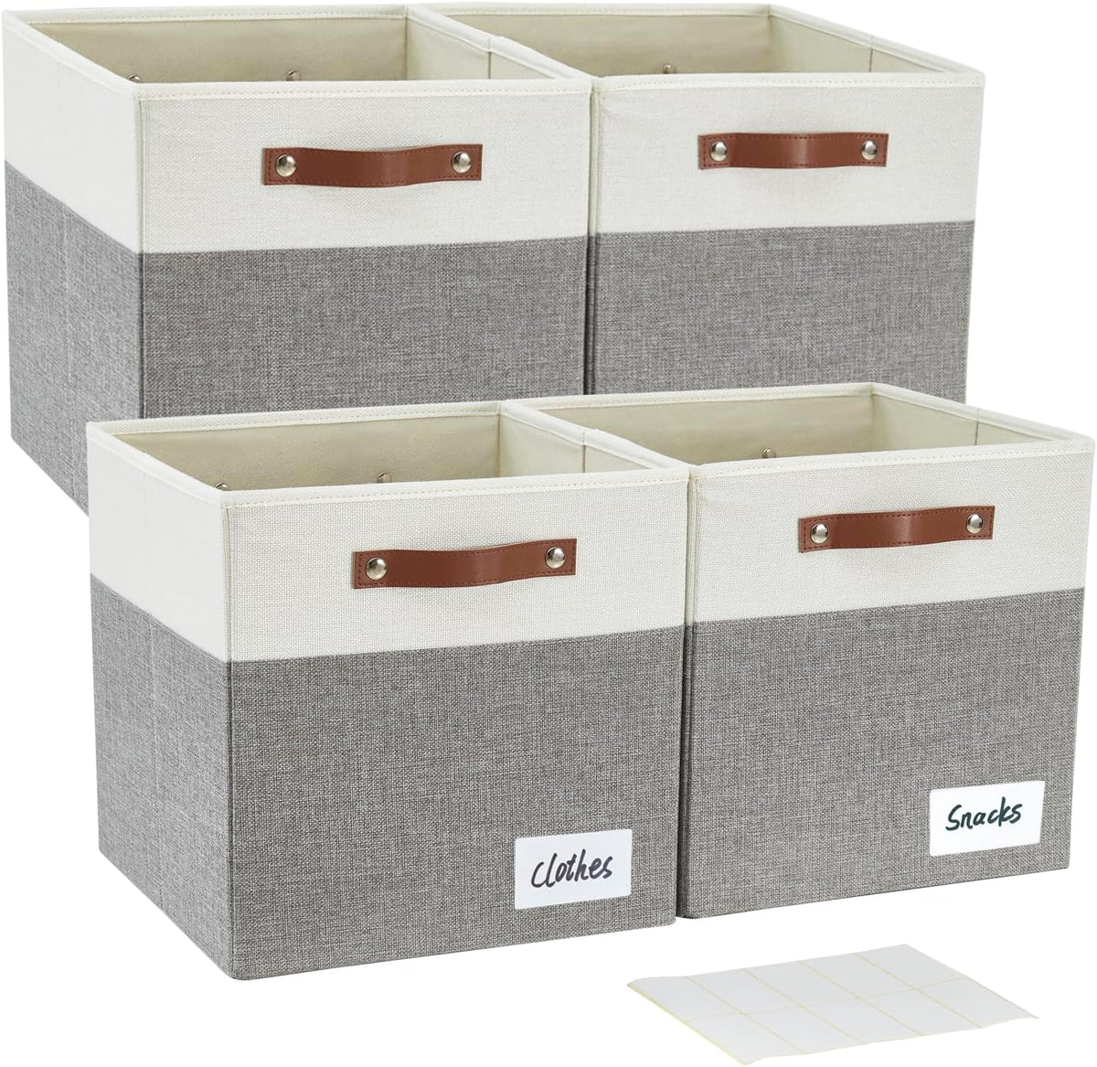 Collapsible Fabric Storage Cube Bins with 2 Reinforced PU Handles, Foldable Storage Organizer Baskets for Closet, Shelves, Living Room | 11"x11"x11", 4 Pack, Gray & White