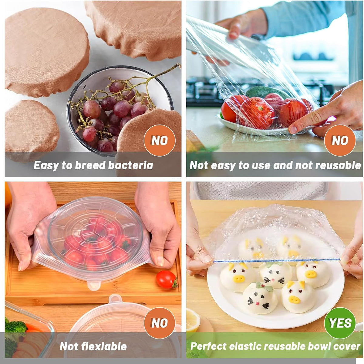 200Pcs Reusable Plastic Bowl Covers - 5 Sizes With Elastic, Food Grade Safe Material