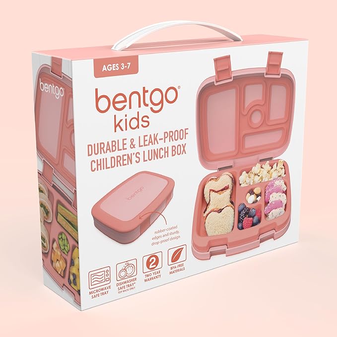 Bentgo Kids Bento-Style 5-Compartment Leak-Proof Lunch Box - Ideal Portion Sizes for Ages 3 to 7 - Durable, Drop-Proof, Dishwasher Safe, PFAS & BPA-Free & Made with Food-Safe Materials (Coral)
