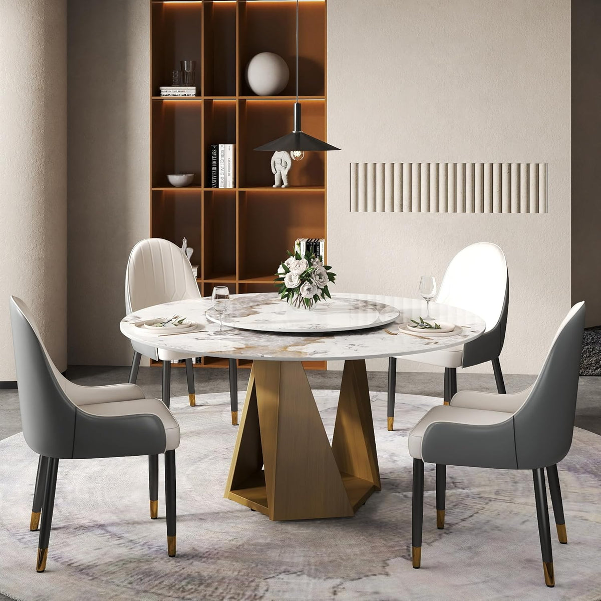Montary 59" Modern Artificial Marble Round Dining Table with Bronze Iron Metal Base & 31.5" White Sintered Stone Turntable, Dining Room Table with Lazy Susan for 6-8 (Only Table)