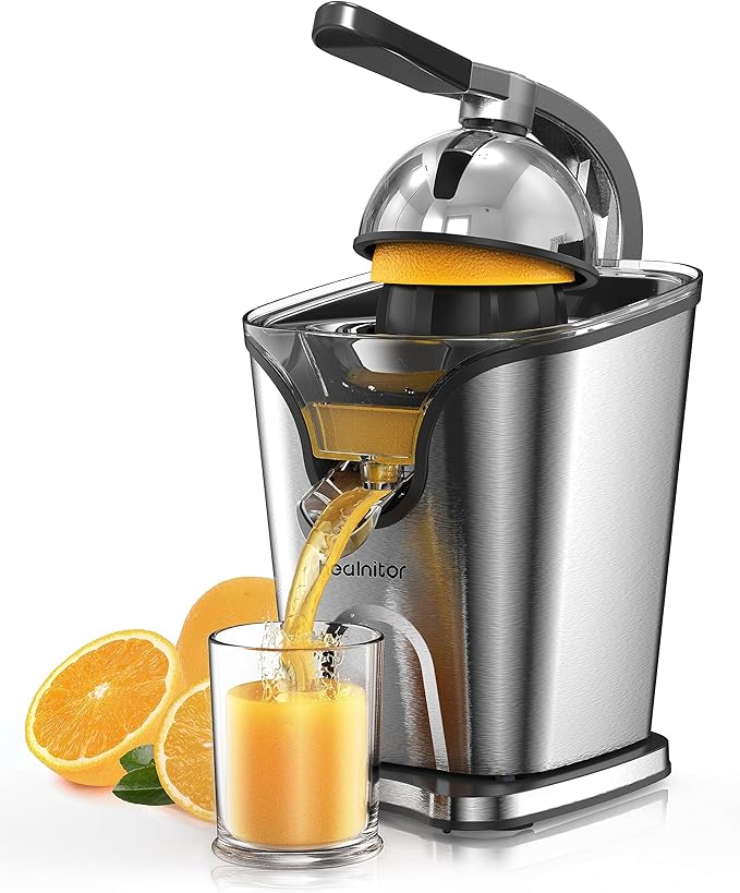 Healnitor 150W Electric Citrus Juicer Squeezer with 2 Cones, Stainless Steel Quiet Orange Juice Extractor Machines for Lime Grapefruit Lemon, Detachable Design