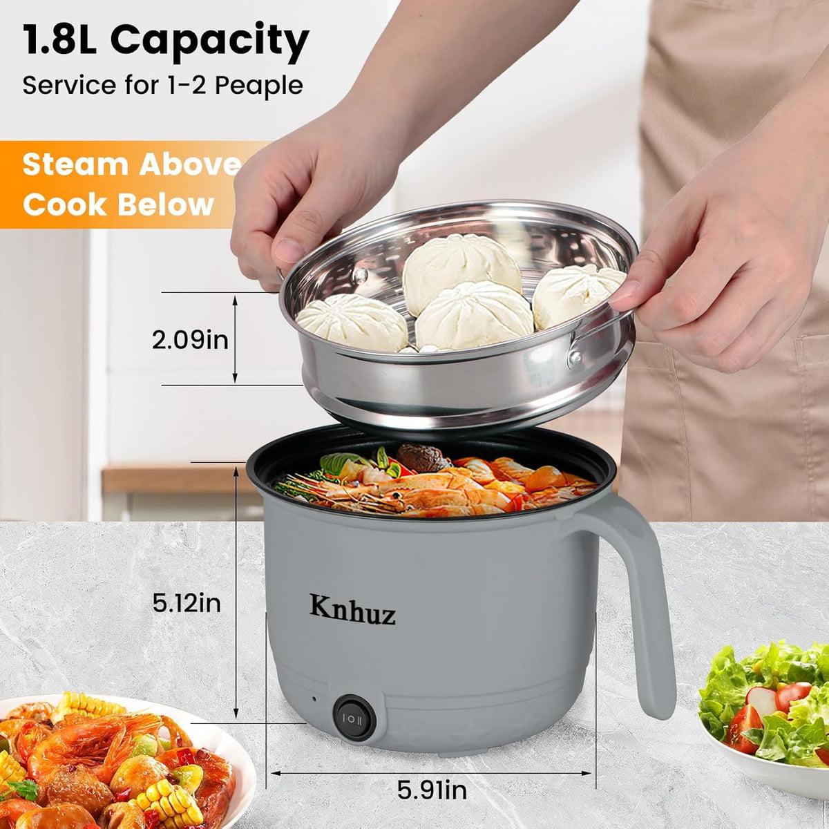 Hot Pot Electric With Steamer,Rapid Ramen Cooker,1.8L Mini Portable Self Heating Electric Pot For Cooking Noodles Steak Pasta,Shabu Shabu Hotpot Pot Electric Dorm Lazy Pot,Non-Stick Gray
