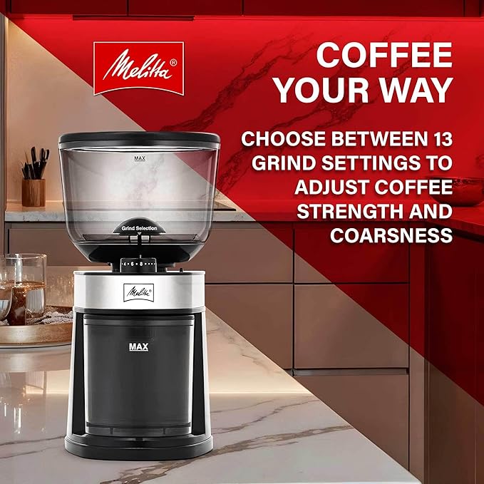 Melitta Molino Flat Burr Coffee Grinder | Whole Bean Grinder | Easy Clean & Assembly | Safety Lock Feature | with Cleaning Brush and Spoon Included |Capacity: 8 oz (225g) | 14 cups
