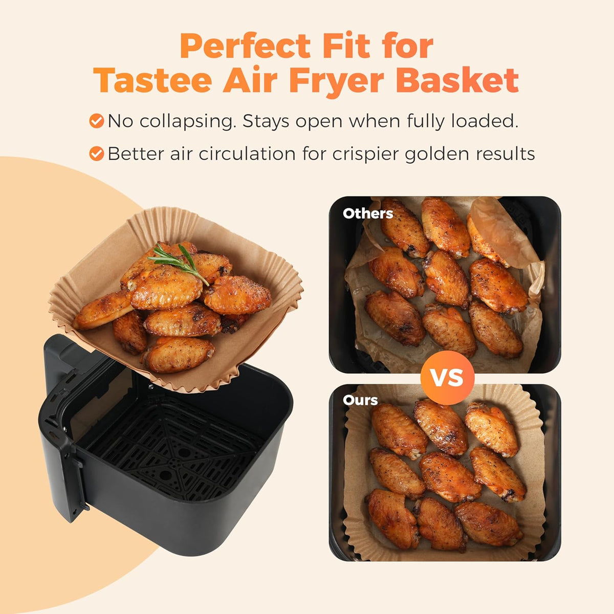 Tastee Air Fryer Liners 100Pcs - Design for 3-6QT Air Fryer Baskets, Oil-Absorbent Disposable Paper Liners, 450°F Heat Resistant, Custom Fit