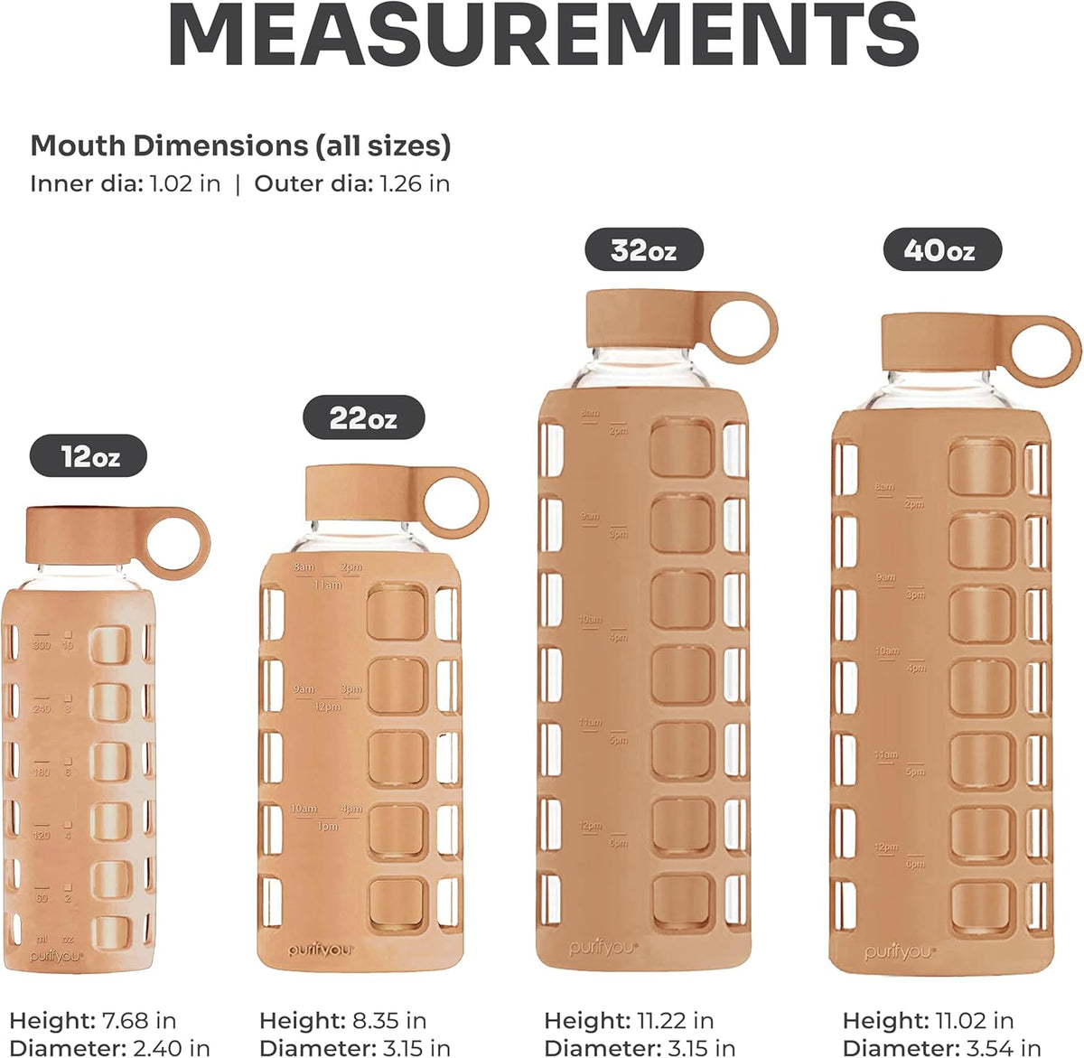 purifyou 40oz / 32oz / 22oz / 12oz Borosilicate Glass Water Bottle with Time & Volume Markers, Silicone Sleeve, Stainless Steel Lid – Reusable Glass Bottle for Water & Juice (40oz Iced Coffee)