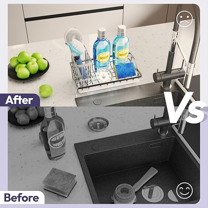 SWTYMIKI Multifunctional Kitchen Sink Caddy - Large Sponge Holder for Kitchen Sink with Removable Brush Holder + Drip Tray, Silver