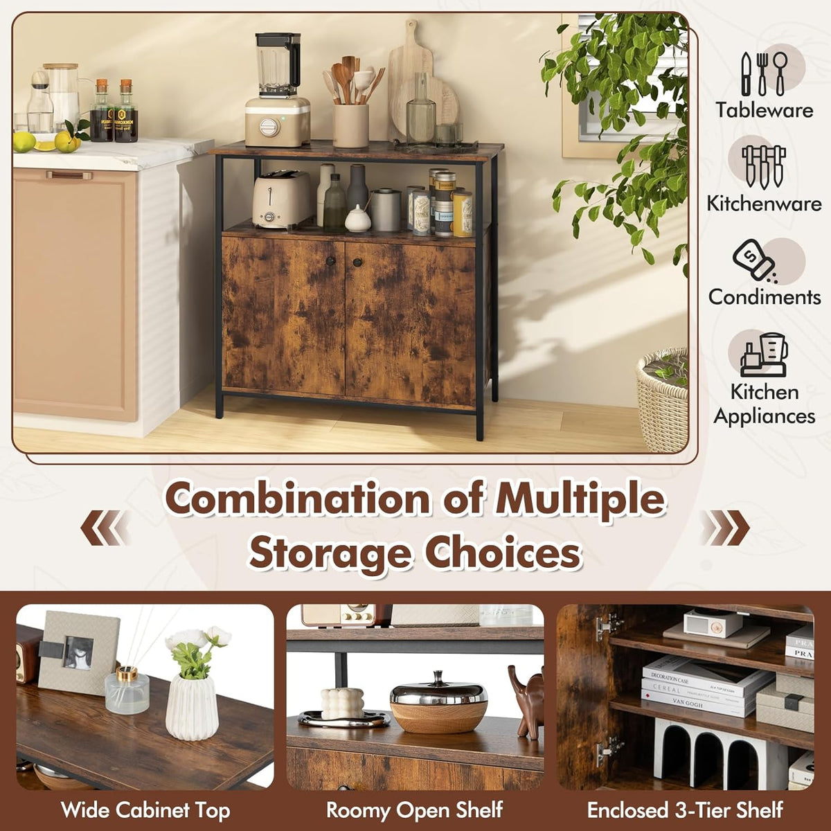 Buffet Cabinet, Industrial Storage Cabinet with Doors and Shelves, Wood Buffets & Sideboards, Farmhouse Coffee Bar, Rustic Console Table for Kitchen, Dining Living Room, Entryway