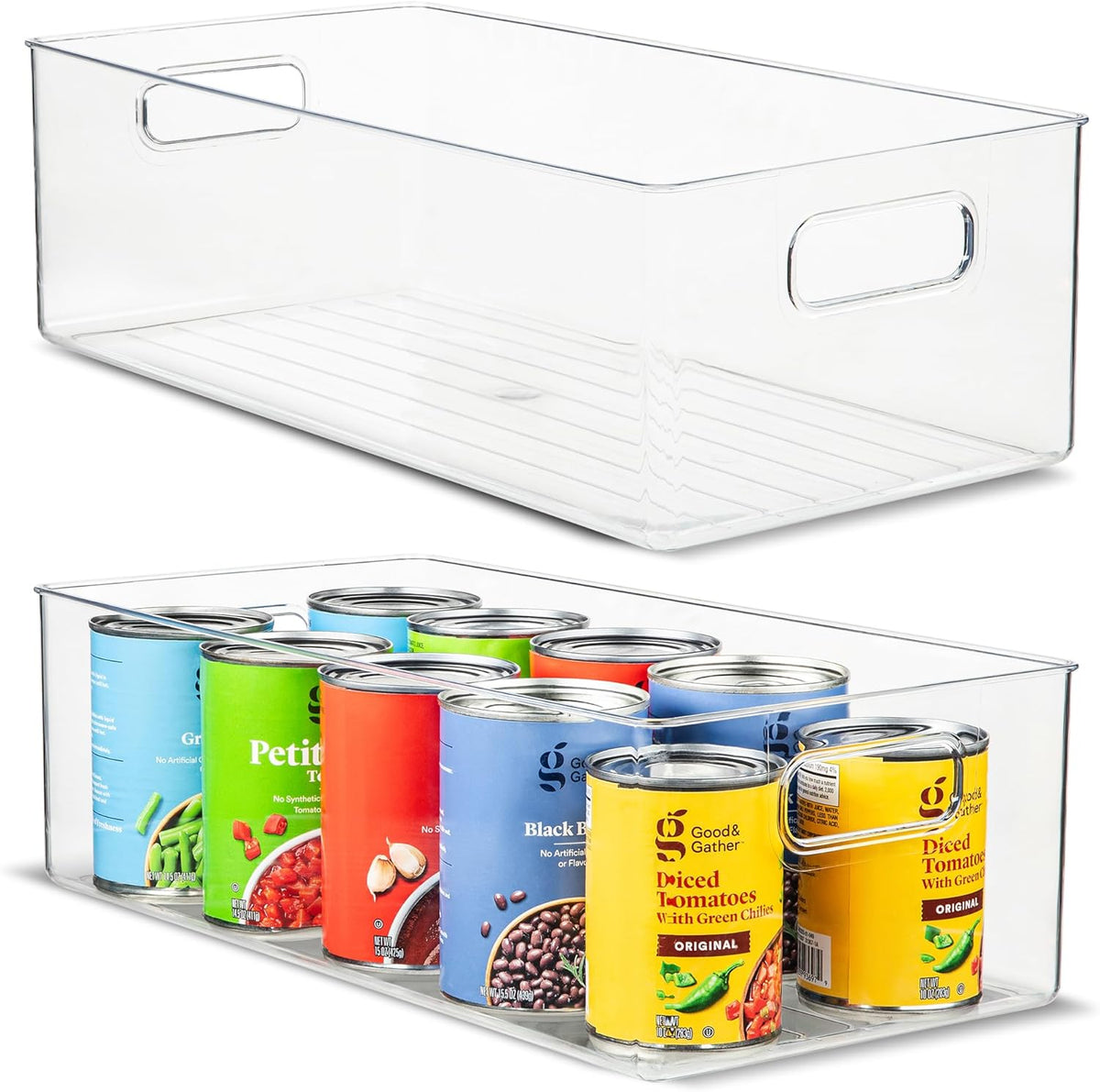 Plastic Food Storage 2 Pack Clear Container Bin with Handles for Organizing Kitchen, Pantry, Refrigerator, Freezer, Pantry, Cabinet, Closet, Bathroom. 16”x8”x5”
