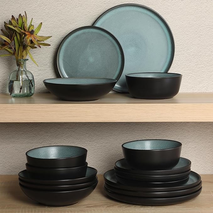 Gibson Elite Tribeca Loft 16-Piece Dinnerware Set – Matte Black and Green Reactive Glaze Stoneware, Double Bowl Round Plates and Bowls – Modern Rustic Tableware for 4, Dishwasher & Microwave Safe