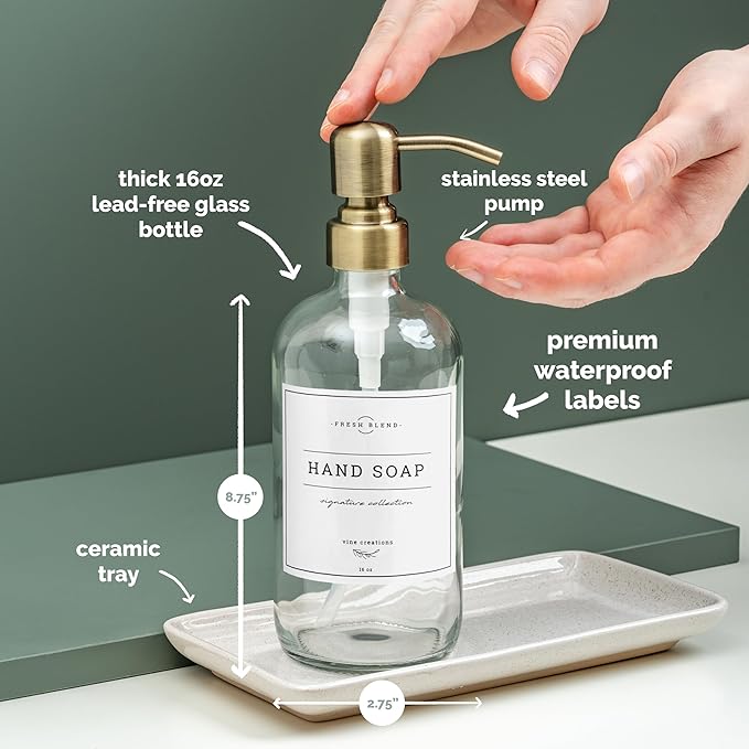 Vine Creations Glass Soap Dispenser, 2 Pack Kitchen Soap Dispenser Set with Ceramic Tray, Stainless Steel Pump, Dish Soap and Hand Soap Dispensers for Bathroom or Kitchen Decor with Waterproof Labels