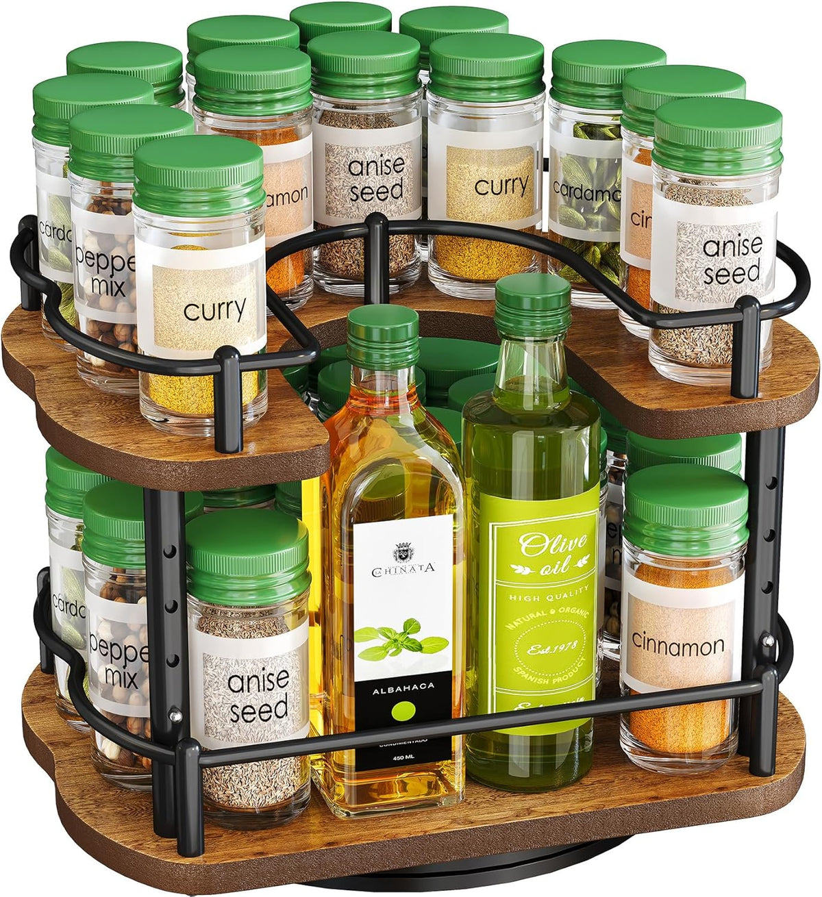 SNTD Spice Rack Organizer for Cabinet - Height Adjustable Rotating Lazy Susan, Wooden Spice Organization for Tabletop, Pantry, or Kitchen Counter, Fits Cabinets Over 11" Wide and 10.3" High