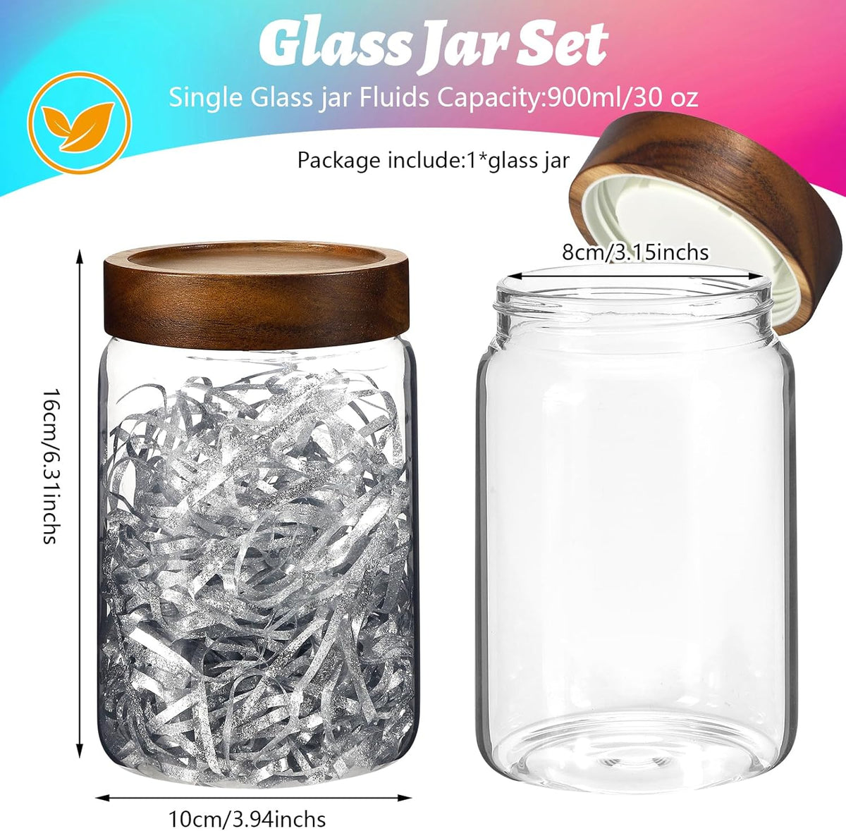 Glass Spice Jar Coffee Sugar Container Airtight Glass Jar Food Storage Canisters Bottle for Kitchen Seasoning Tea Herb Overnight Oats Bar Parfait Snacks (900ml/30oz-1Pcs)