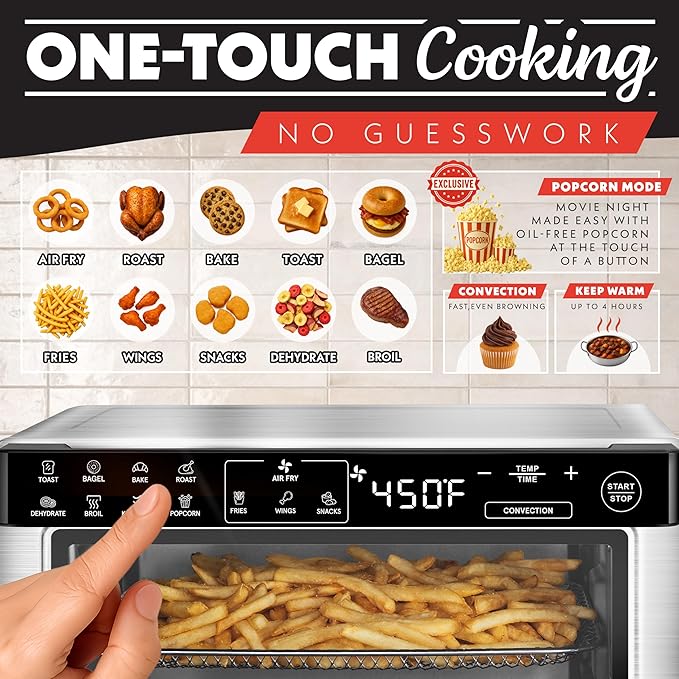 Gourmia Toaster Oven Digital Air Fryer - Convection Mode with 4 Slice Capacity, 3 Rack Positions, 12 Presets, Toast, Bagel, Bake, Roast, Broil, Dehydrate, Popcorn, Fits 9" Pizza, Stainless Steel