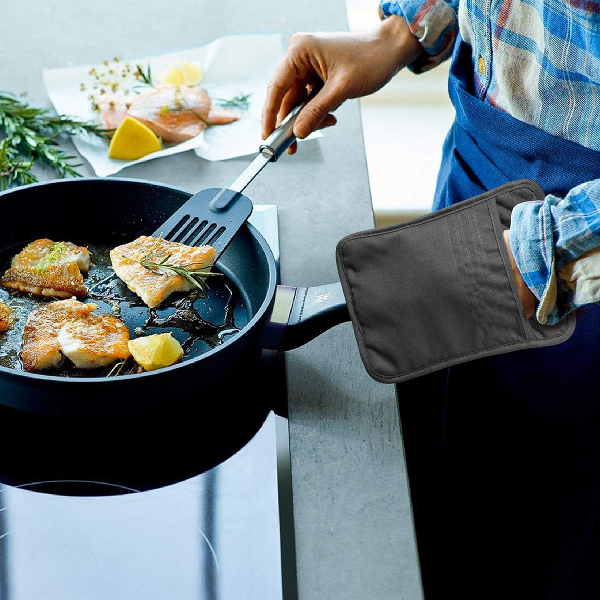 GROBRO7 5Pack Pocket Pot Holders Cotton Heat Resistant Potholder Multipurpose Hot Pads Machine Washable Oven Mitts Cooking Pads Bulk for Daily Kitchen Baking and Cooking 8.9 x 6.9 Inch Grey