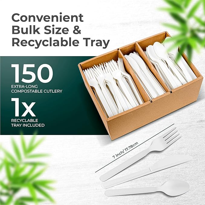 100% Compostable cutlery knives forks spoons 150 Large Disposable Biodegradable Compostable Utensils Durable HeavyDuty Silverware heat resistant alternative to plastic with convenient tray 150pc 7inch