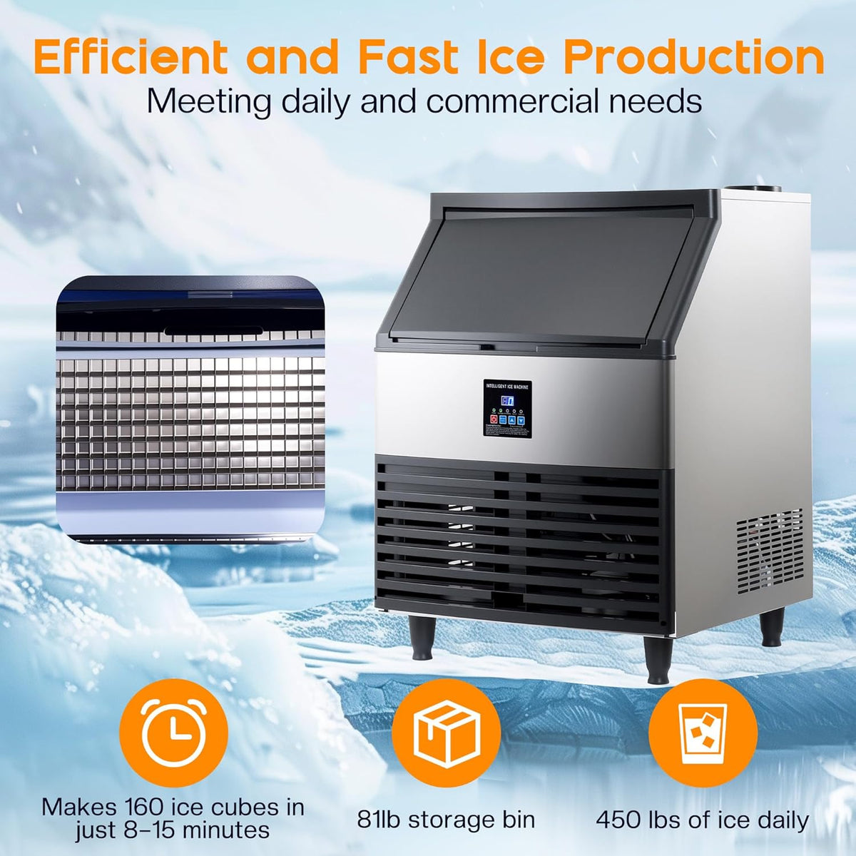 Albott Commercial Ice Maker with 2 Way Water Inlet, 450lbs/24H Freestanding ice Machine Countertop with 24lbs Storage Capacity, Self Cleaning for Home/Bar/Restaurant