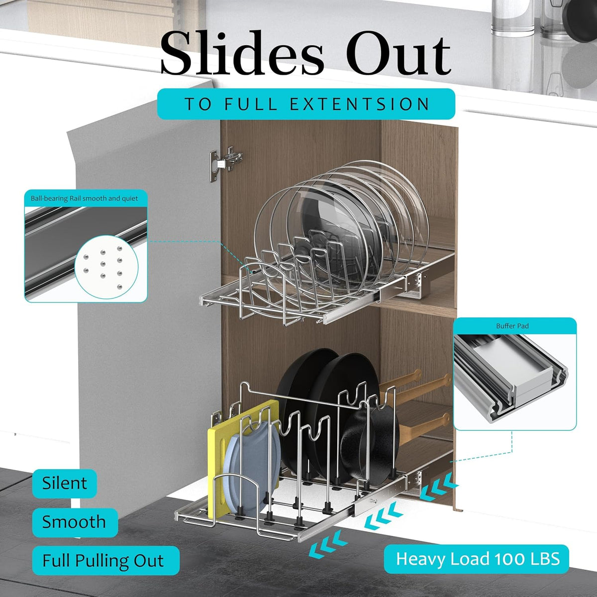 Slide Out Pan and Pot Lid Organizer For Under Cabinet, Wire Dividers Kitchen Pull Out Pot Lid Rack Organization And Storage, Full-Extension Rail, 12" W X 20" D