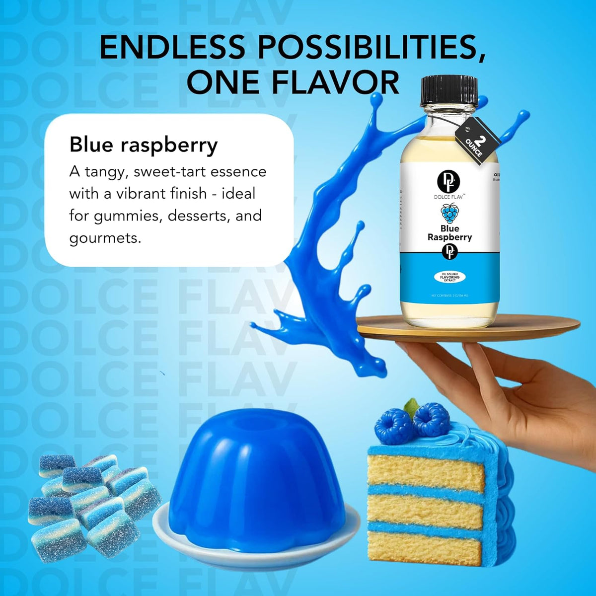 Dolce Flav Blue Raspberry Extract – 2 Ounce Oil-Soluble Kosher, Sugar-Free, Concentrated Blue Raspberry Flavoring for Baking, Chocolates & Desserts, Includes Measured Dropper
