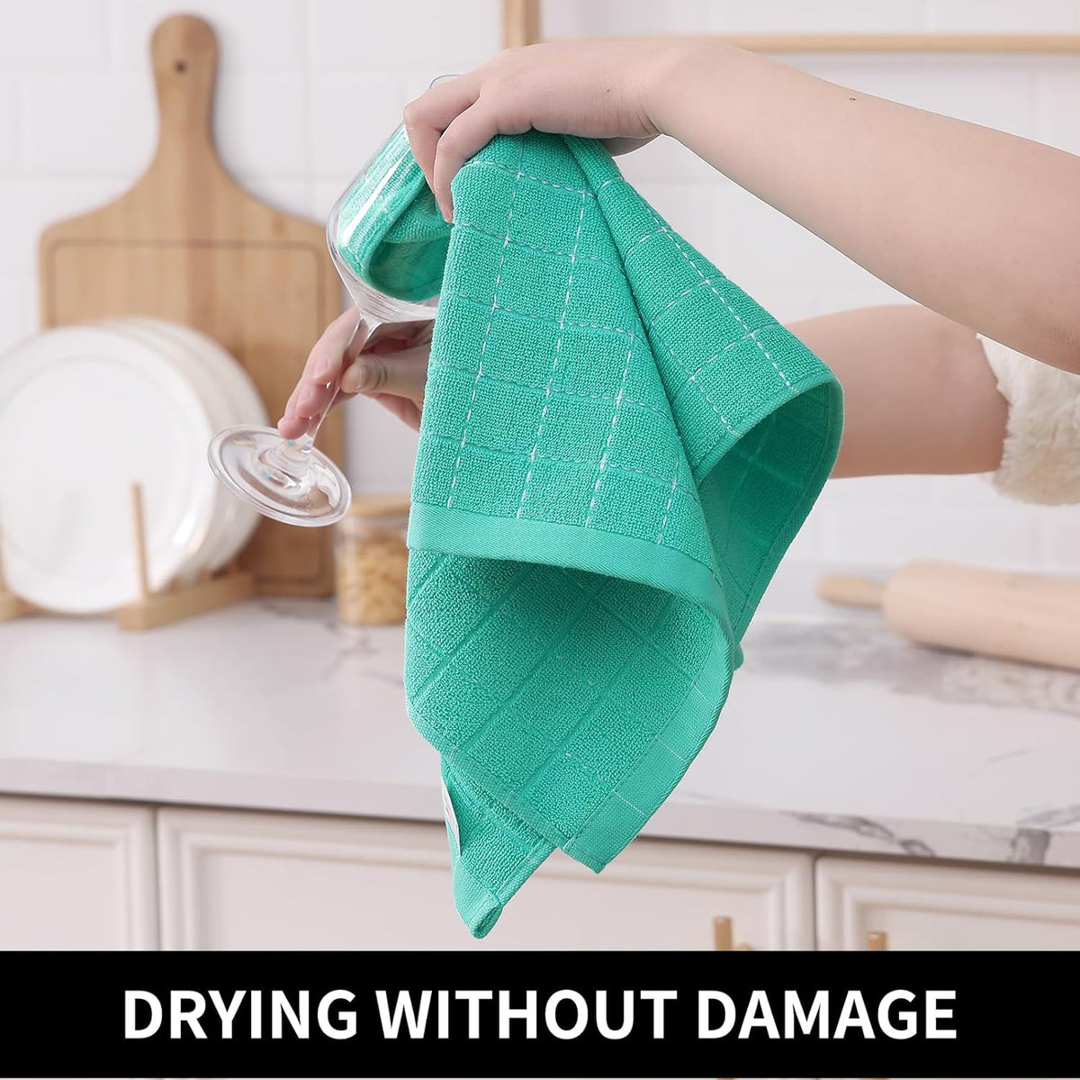 Homaxy 100% Cotton Terry Kitchen Towels(Turquoise, 13 x 28 inches), Checkered Designed, Soft and Super Absorbent Dish Towels, 6 Pack
