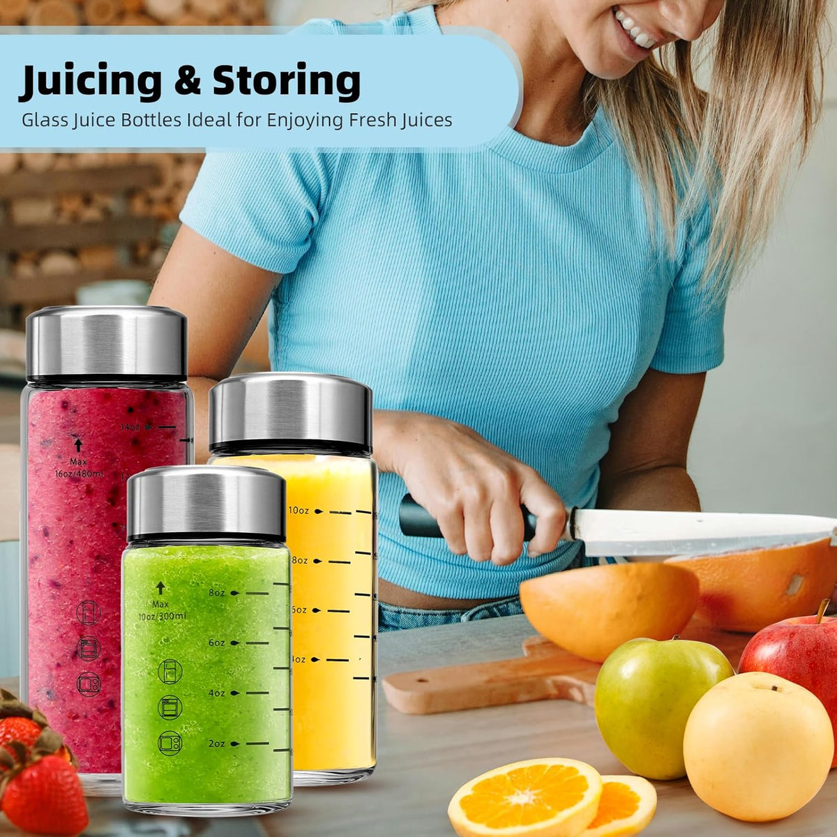 Glass Juice Bottles 4 Pack 10 oz - Wide Mouth Glass Water Bottles with Lids - Borosilicate,Stainless Steel Lids for Juicing, Smoothies, Infused Water, Beverage Storage, Leakproof, Reusable,BPA Free