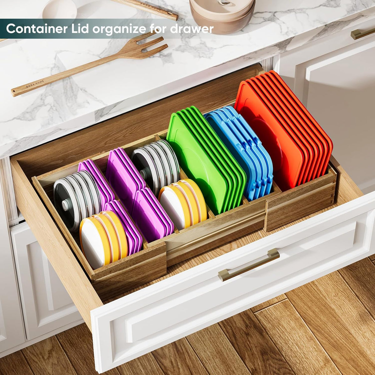 Expandable Lid Organizers Inside Cabinet, Kitchen Cabinet Organizers with 3 Adjustable Dividers, Storage Plastic Lids, Food Container Lid Holder Organizer for Drawer Pantry, Acacia