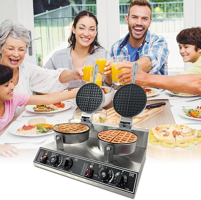 Double Head Commercial Waffle Maker, 2400W Stainless Steel Nonstick Waffle Iron with 122℉ to 572℉ Temp Range & Time Control, Perfect for Home Cafe Restaurant Snack Bar Bakeries