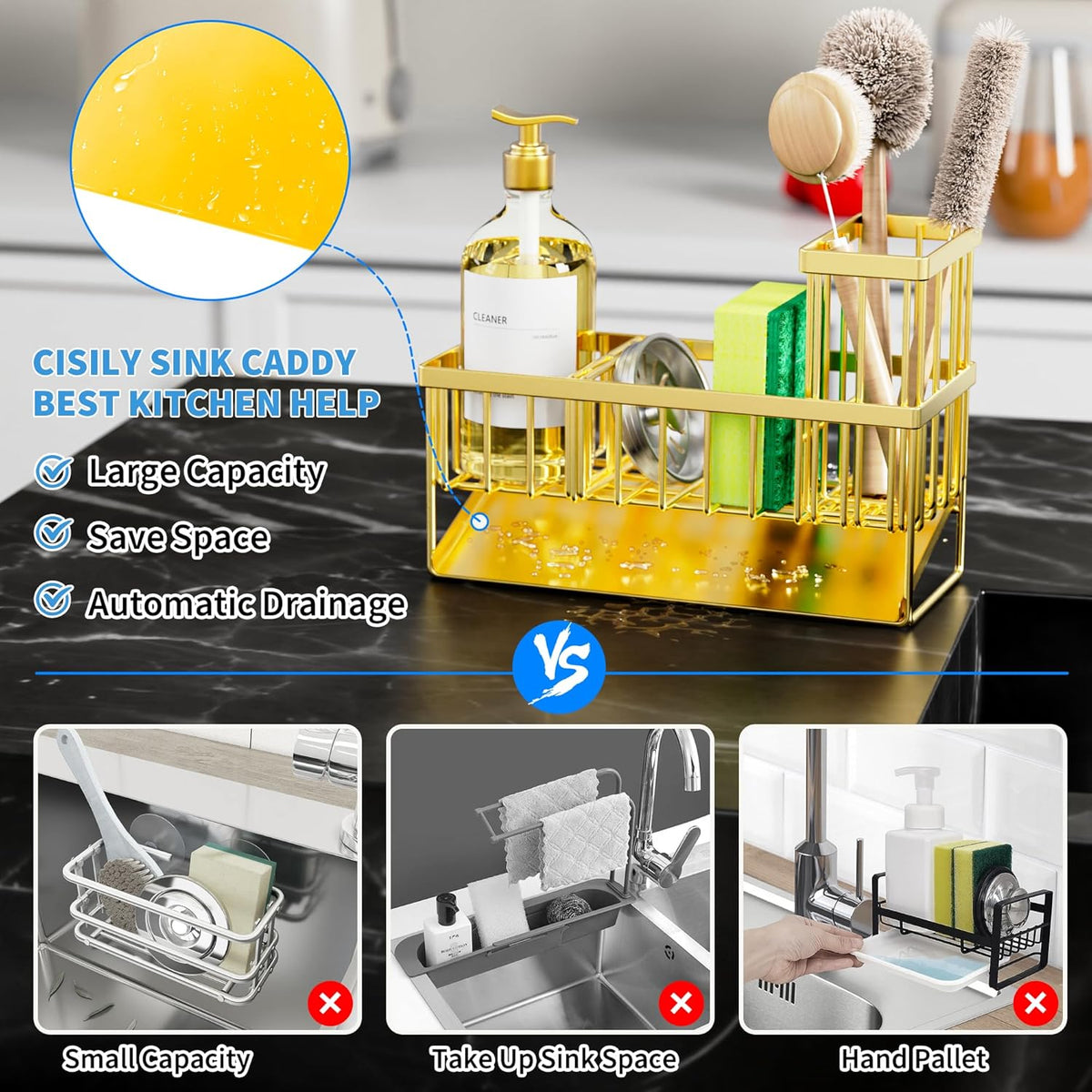 Cisily Gold Kitchen Sink Caddy Organzier with High Brush Holder, Sponge Holder for Sink, 304 Rustproof Stainless, Kitchen Countertop Soap Dispenser Organizer, Home Decor and Accessories