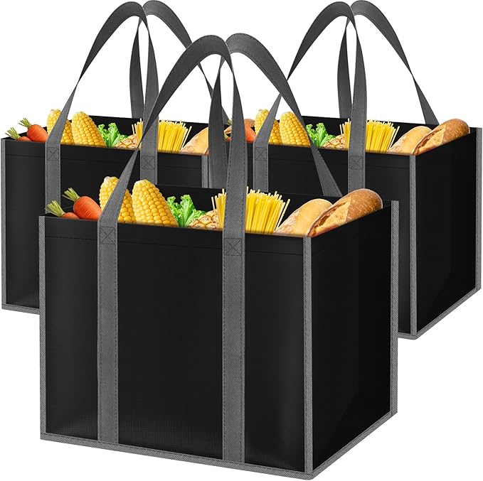 SpaceWhisper Reusable Grocery Bags with Long Handles [3 Pack] - Multipurpose Shopping Bags for Groceries, Foldable Grocery Totes Resist Water & Stains for Kitchen, Car Trunk, Picnic (Black)
