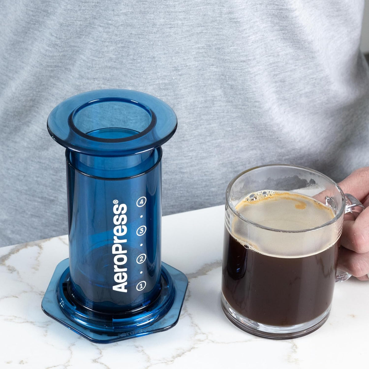 AeroPress Clear Blue Coffee Press – 3 In 1 Brew Method Combines French Press, Pourover, Espresso, Full Bodied Coffee Without Grit or Bitterness, Small Portable Coffee Maker for Camping & Travel-Blue